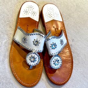 Jack Rogers Navajo White silver whipstitch leather sandals Sz 10 M